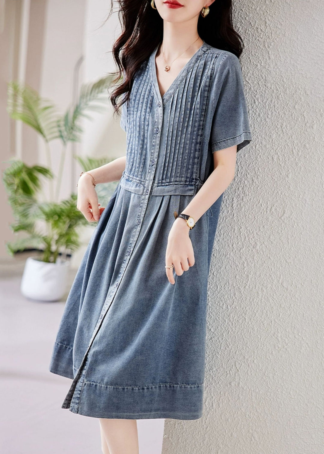 French Blue V Neck Button Drawstring Denim Blouses Dresses Summer