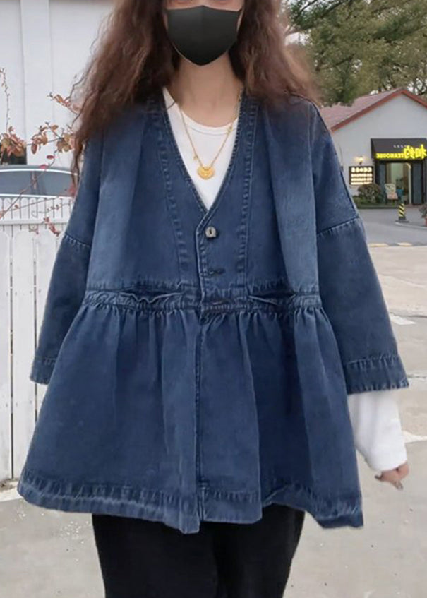 French Blue V Neck Button Pockets Denim Coats Long Sleeve