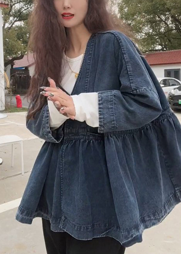 French Blue V Neck Button Pockets Denim Coats Long Sleeve