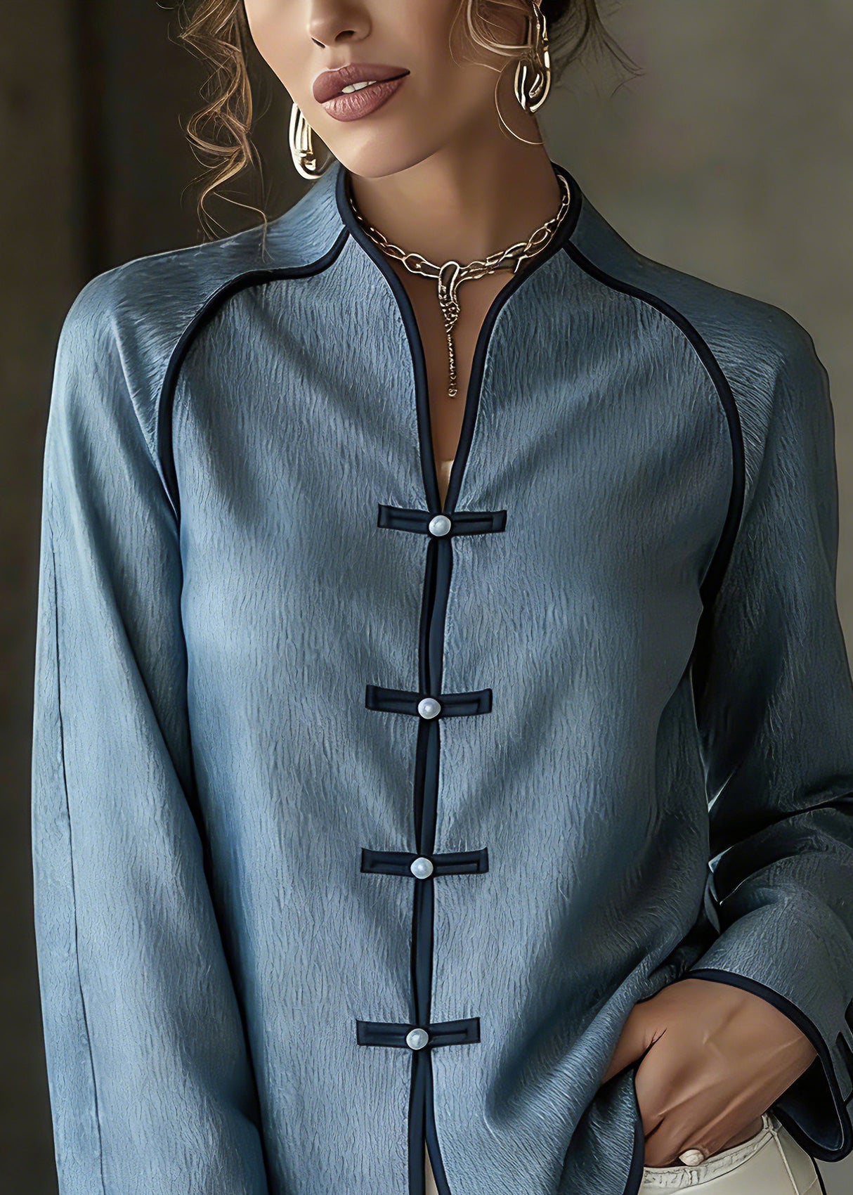 French Blue V Neck Button Solid Shirts Spring - Omychic