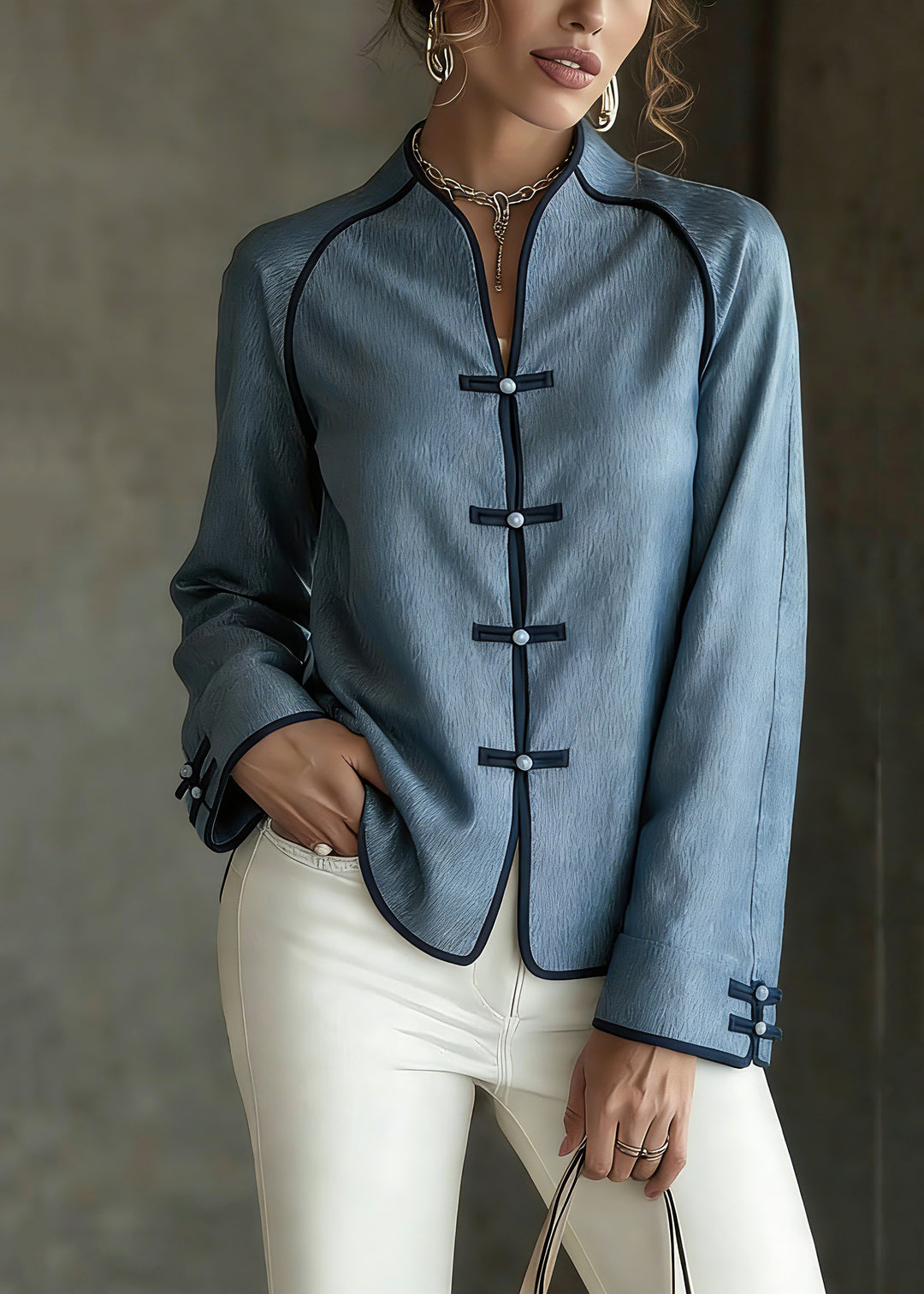 French Blue V Neck Button Solid Shirts Spring - Omychic