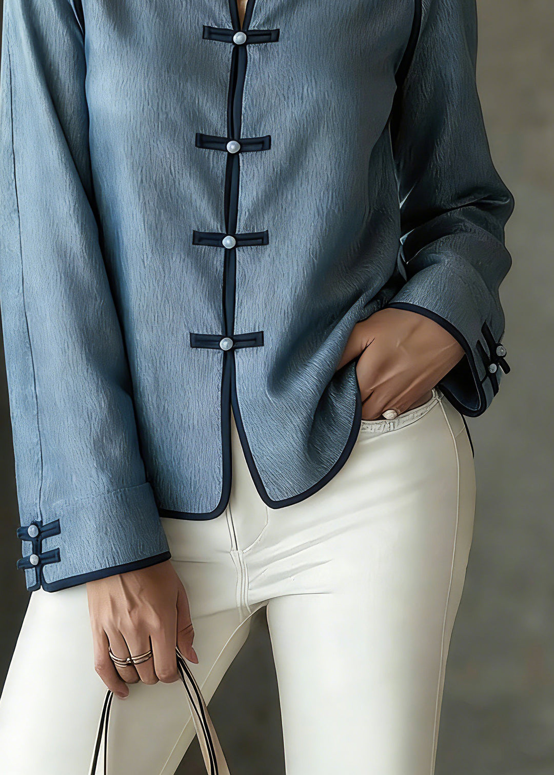 French Blue V Neck Button Solid Shirts Spring - Omychic