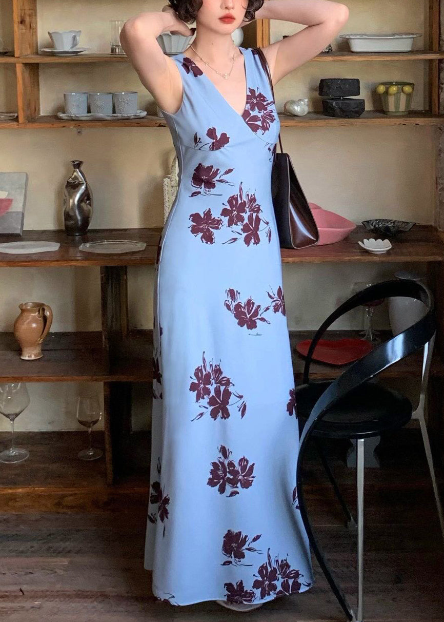 French Blue V Neck Print Long Dresses Sleeveless