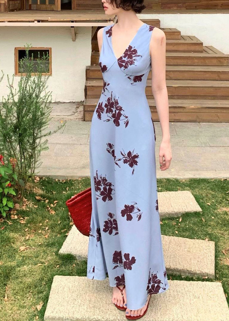 French Blue V Neck Print Long Dresses Sleeveless