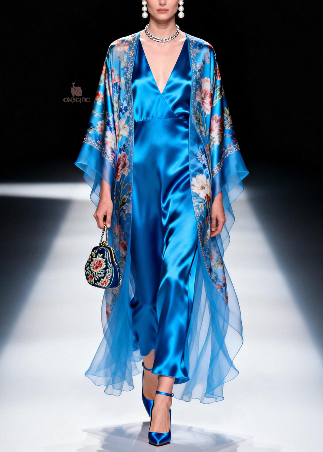 French Blue V Neck Print Silk Two Piece Set Outfits Summer