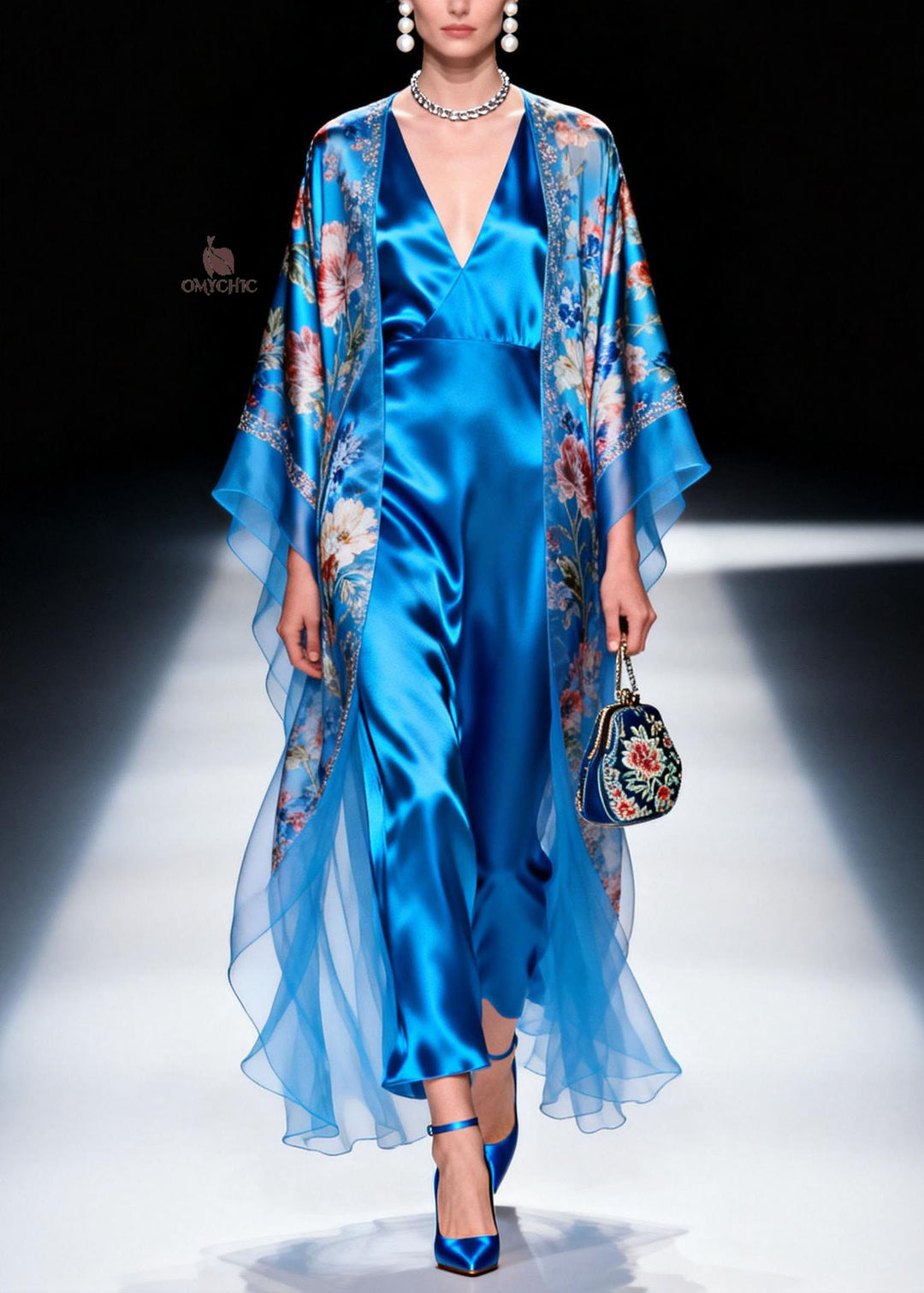 French Blue V Neck Print Silk Two Piece Set Outfits Summer
