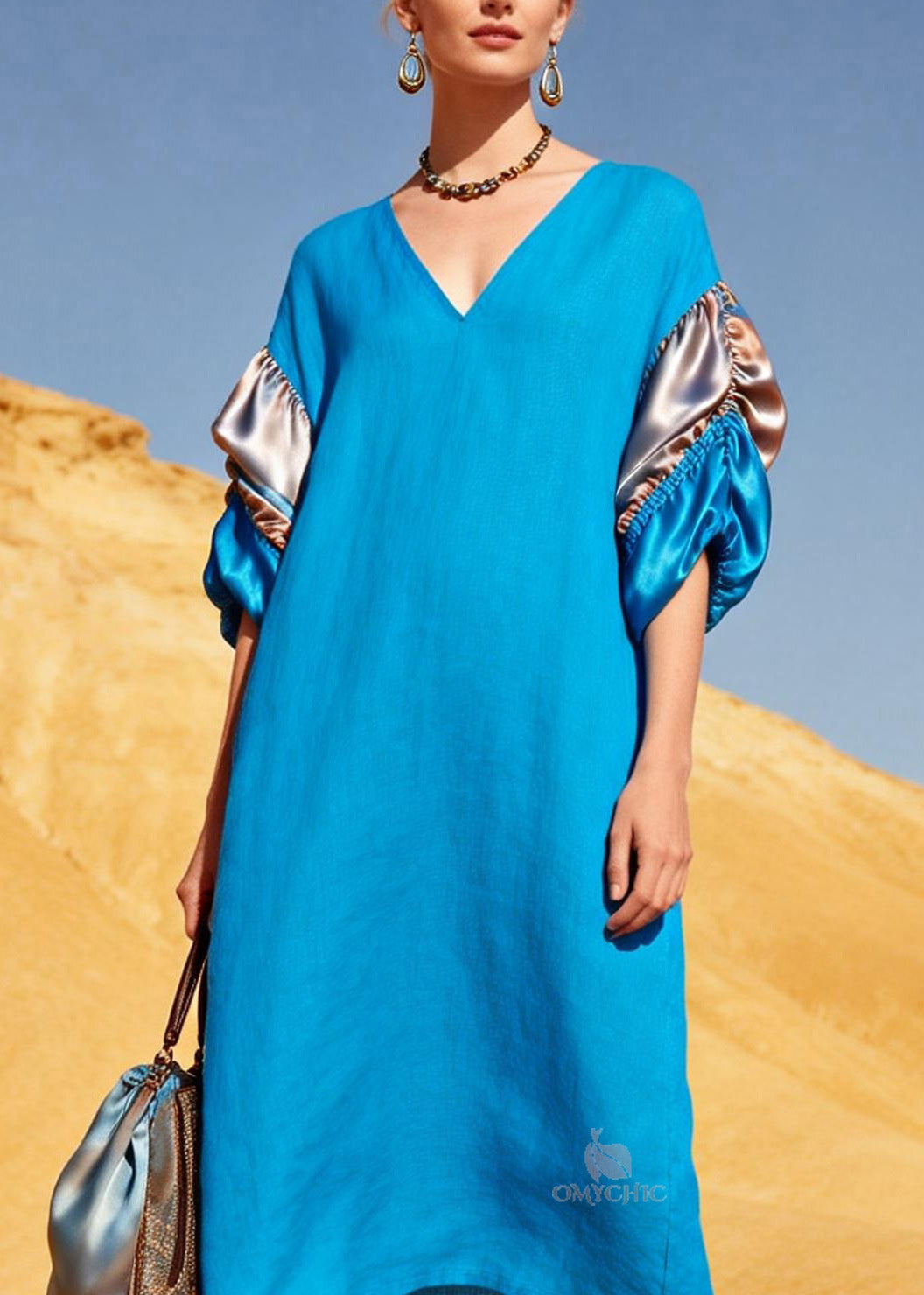 French Blue V Neck Silk Patchwork Linen Vacation Dresses Summer
