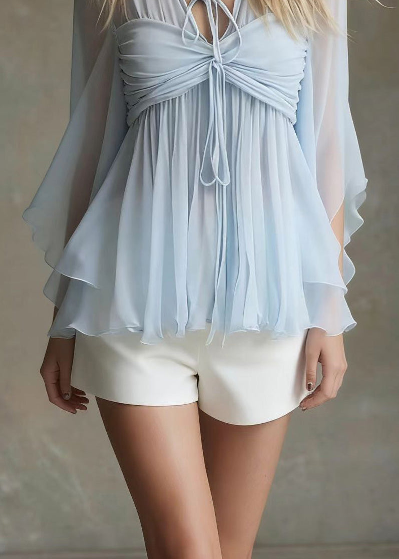 French Blue V Neck Wrinkled Lace Up Chiffon Top Flare Sleeve
