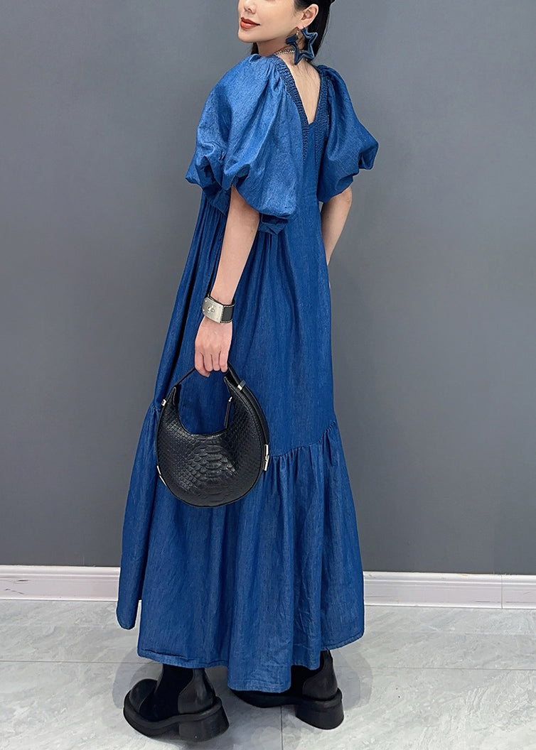 French Blue Wrinkled Patchwork Thin Denim Long Dress Summer