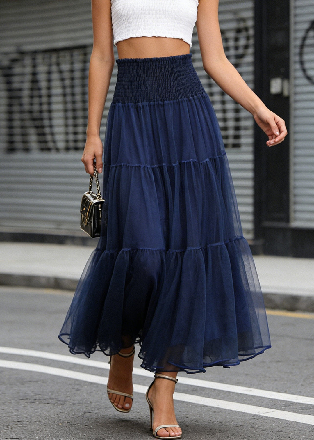 French Blue Wrinkled Patchwork Tulle Skirts Spring