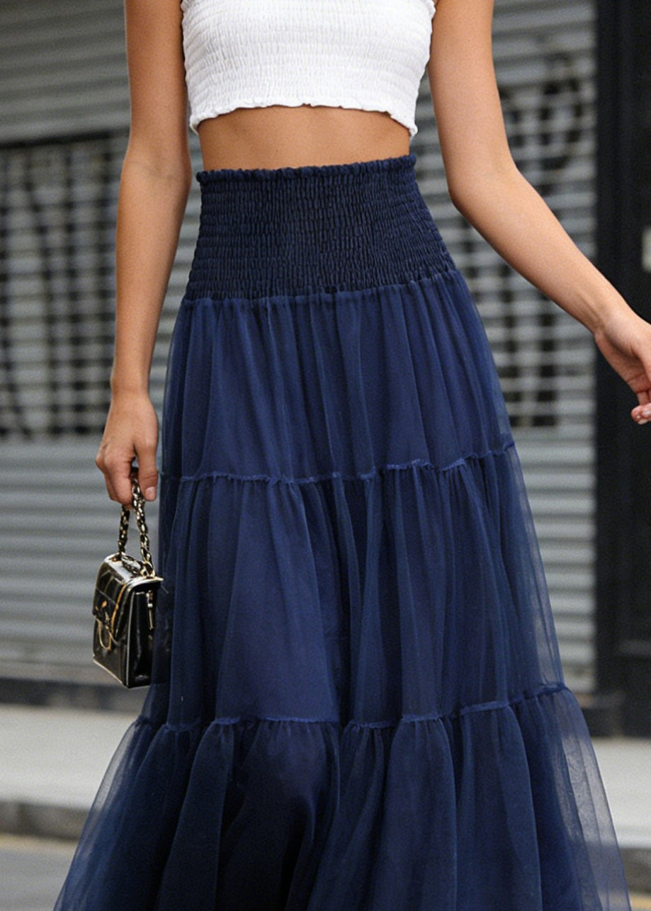 French Blue Wrinkled Patchwork Tulle Skirts Spring