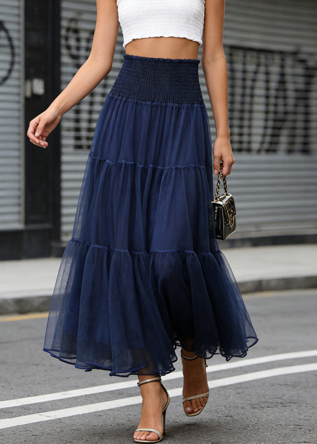 French Blue Wrinkled Patchwork Tulle Skirts Spring
