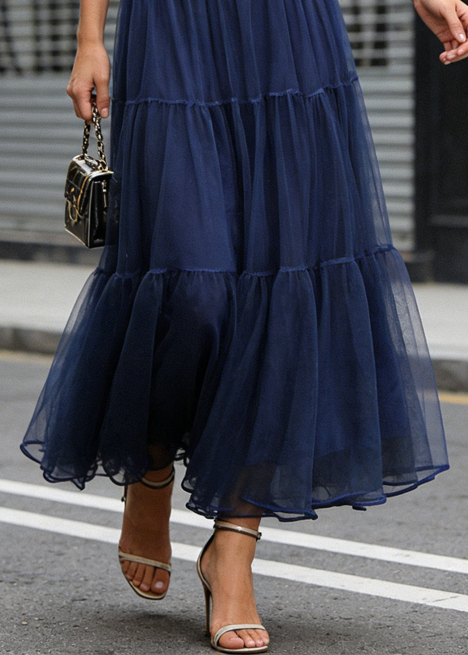 French Blue Wrinkled Patchwork Tulle Skirts Spring