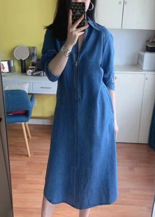 French Blue Zip Up Pockets Denim Dresses Spring