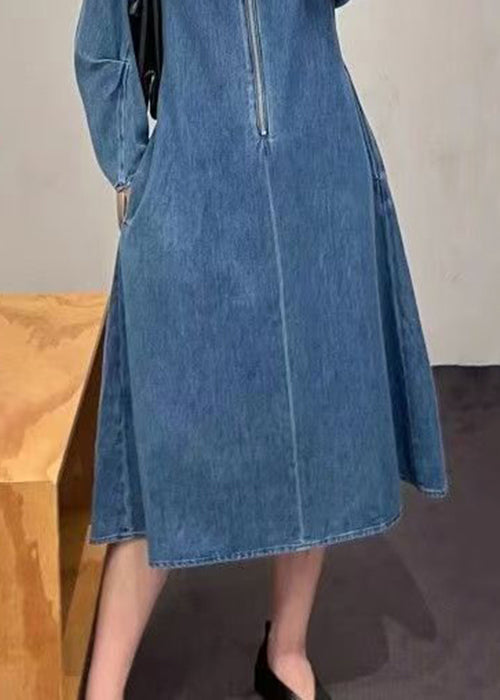French Blue Zip Up Pockets Denim Dresses Spring