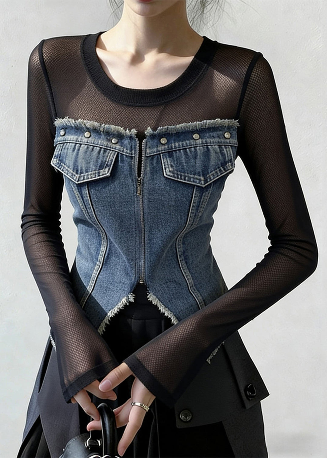 French Blue Zippered Front Open Tulle Patchwork Denim T Shirt Spring