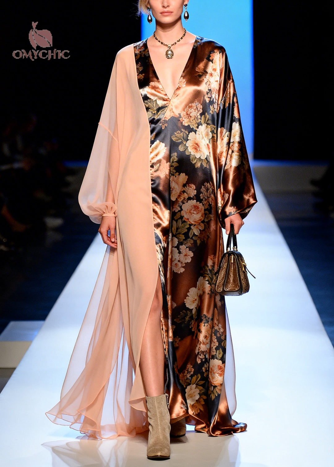 French Brown Asymmetrical Patchwork Print Silk Long Dress Spring