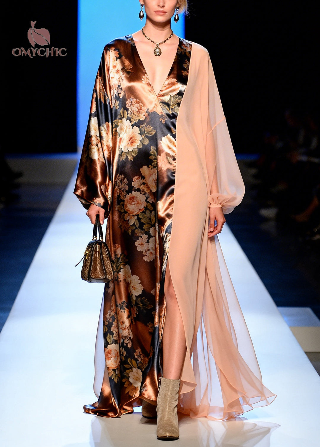 French Brown Asymmetrical Patchwork Print Silk Long Dress Spring