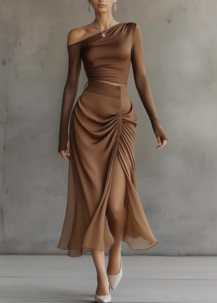 French Brown Asymmetrical Top And Maxi Skirts Two Pieces Set Spring - Omychic