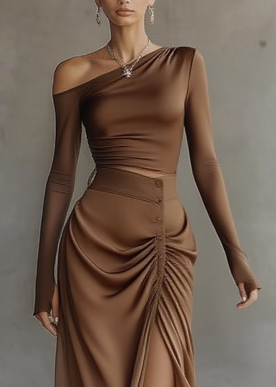 French Brown Asymmetrical Top And Maxi Skirts Two Pieces Set Spring - Omychic