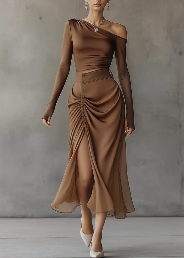 French Brown Asymmetrical Top And Maxi Skirts Two Pieces Set Spring - Omychic