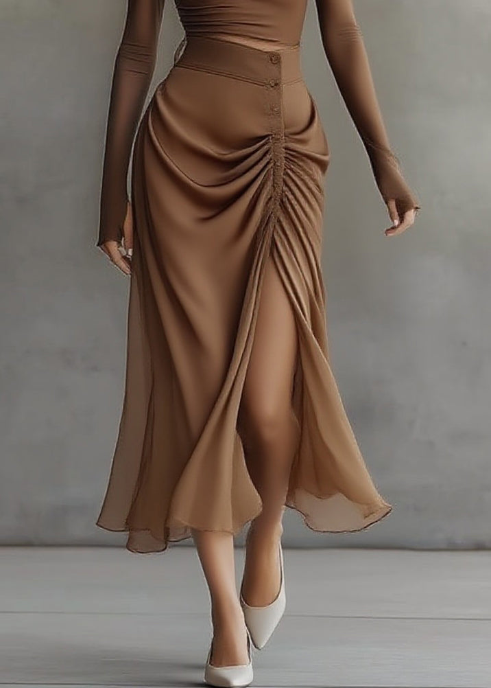 French Brown Asymmetrical Top And Maxi Skirts Two Pieces Set Spring - Omychic