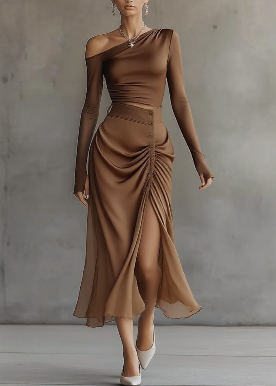 French Brown Asymmetrical Top And Maxi Skirts Two Pieces Set Spring - Omychic