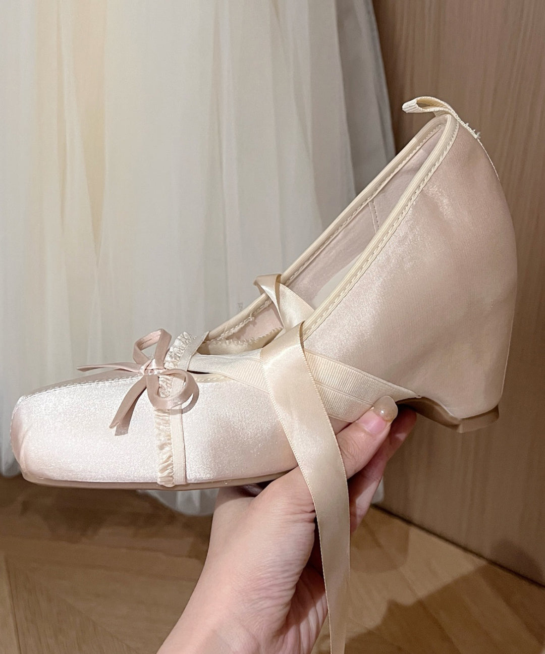 French Brown Ballet Style Bow Lace Up Wedge Heel Shoes