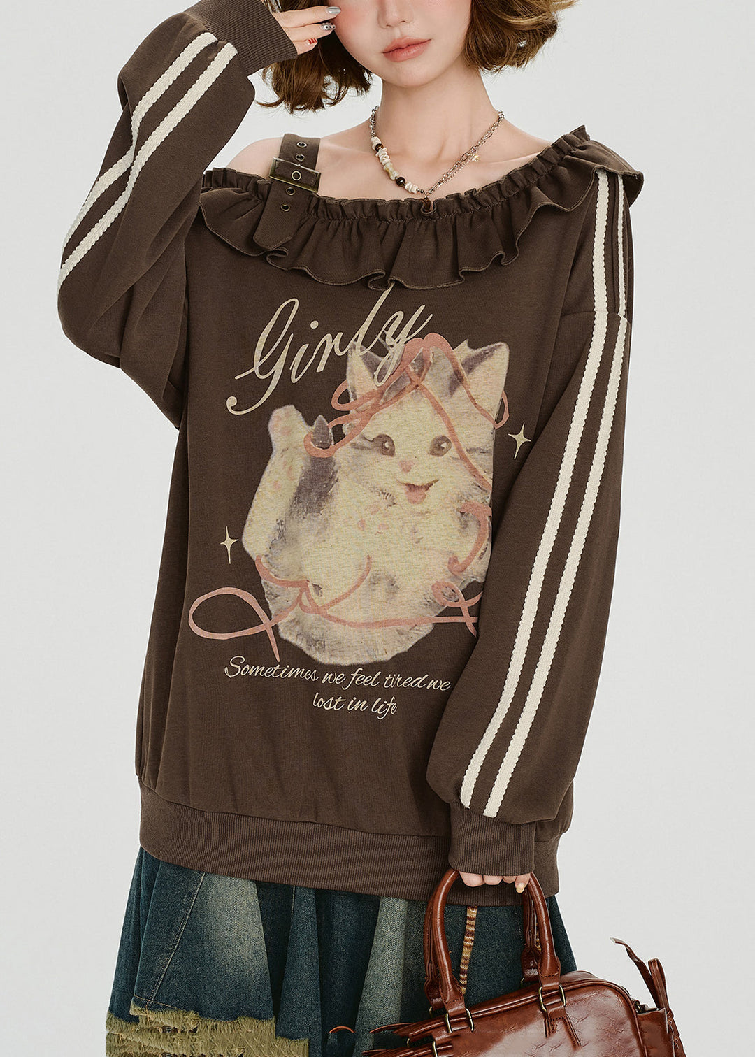 French Brown Cold Shoulder Ruffled Print Cotton Top Spring