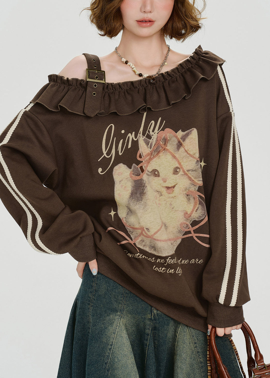 French Brown Cold Shoulder Ruffled Print Cotton Top Spring