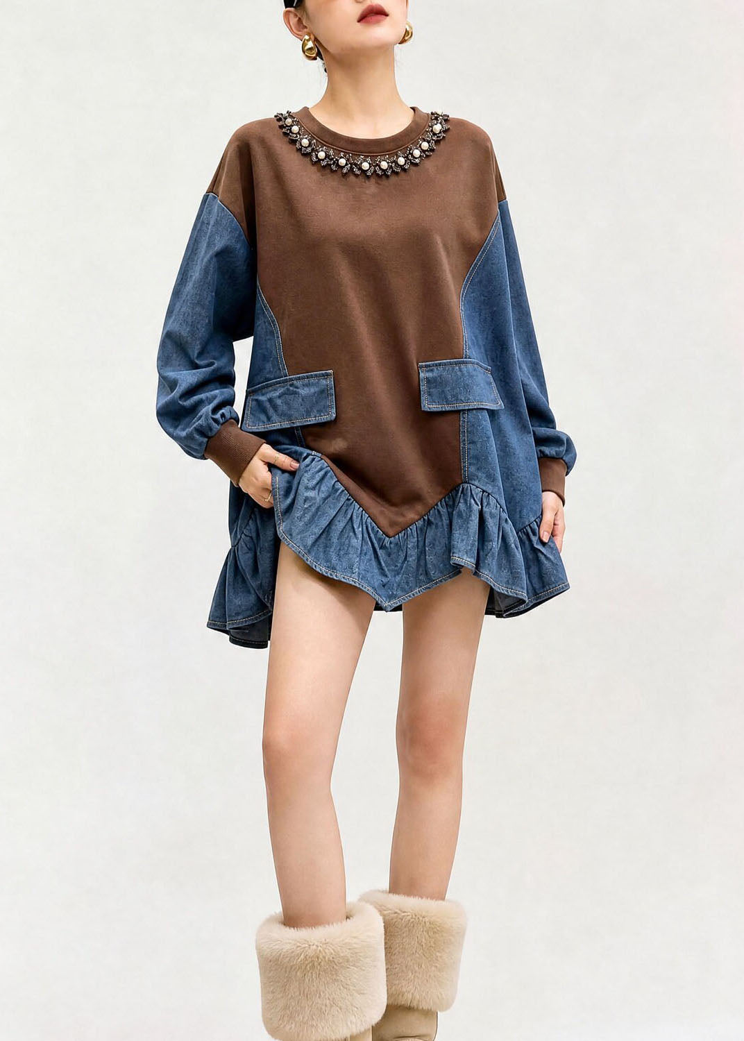 French Brown O Neck Asymmetrical Design Patchwork Denim Top Fall