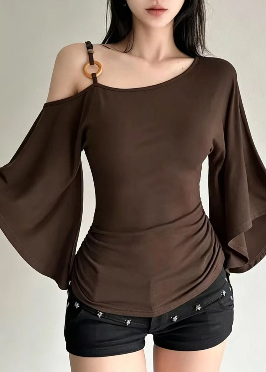 French Brown One Shoulder Wrinkled Cotton Tank Tops Summer