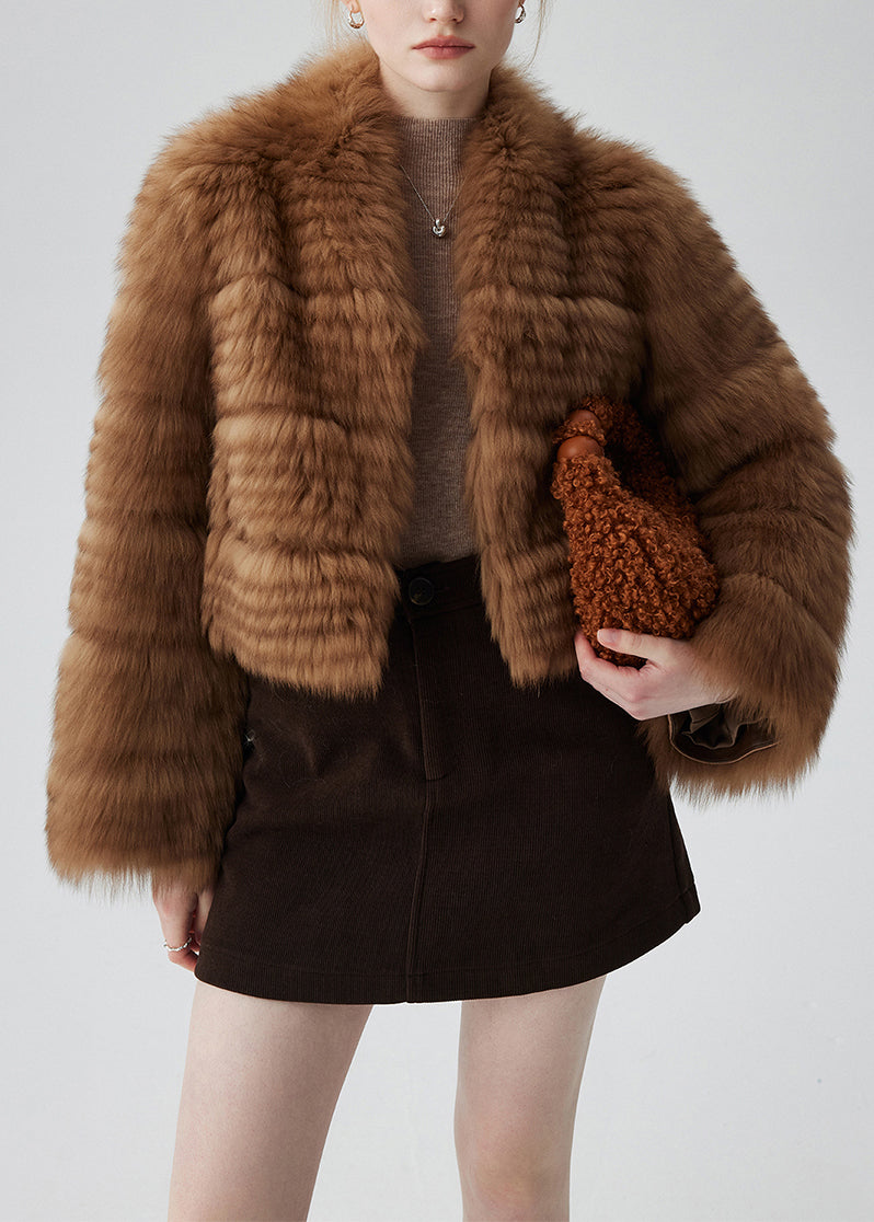 French Brown Oversized Fox Fur Short Cardigan Winter
