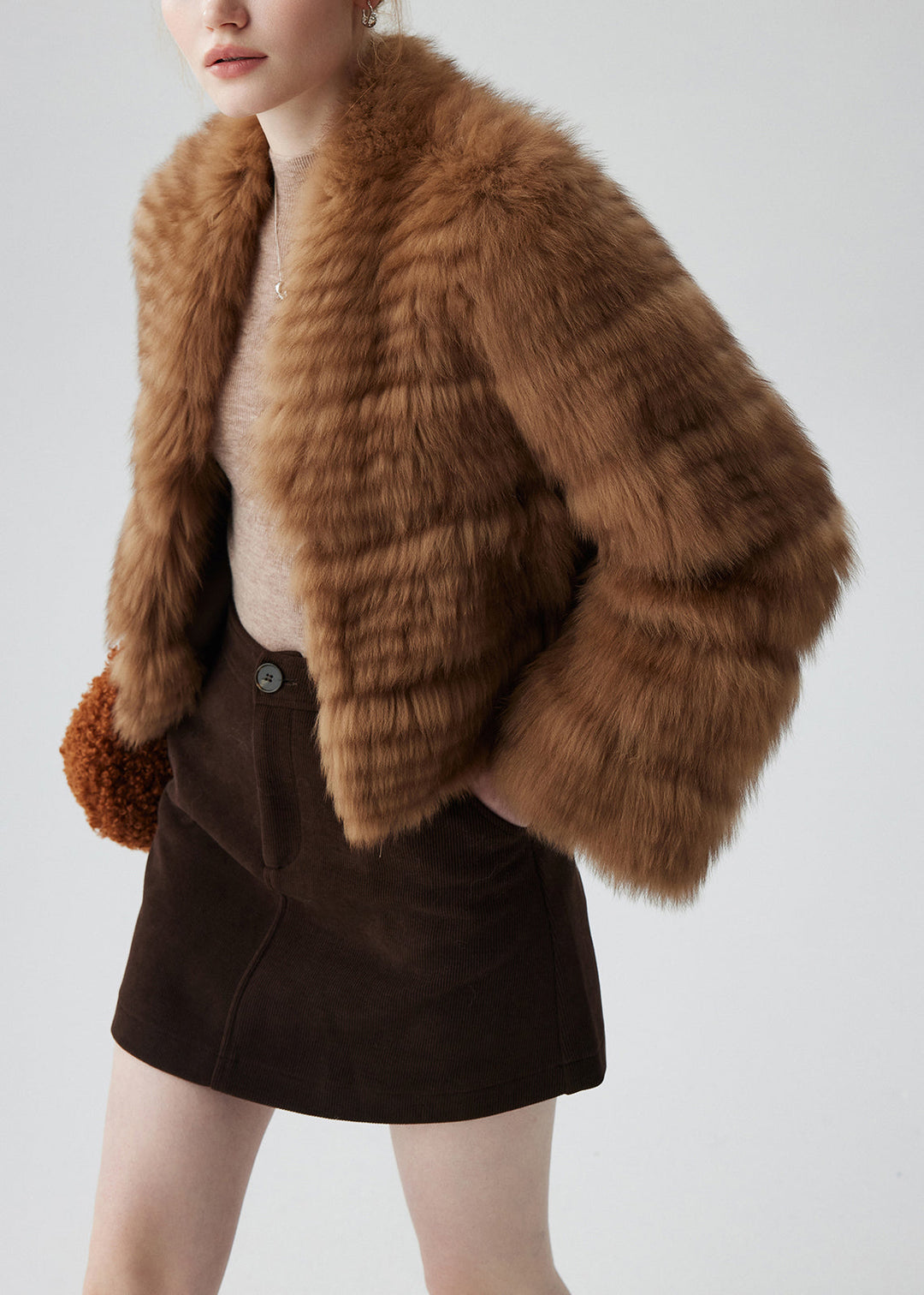 French Brown Oversized Fox Fur Short Cardigan Winter