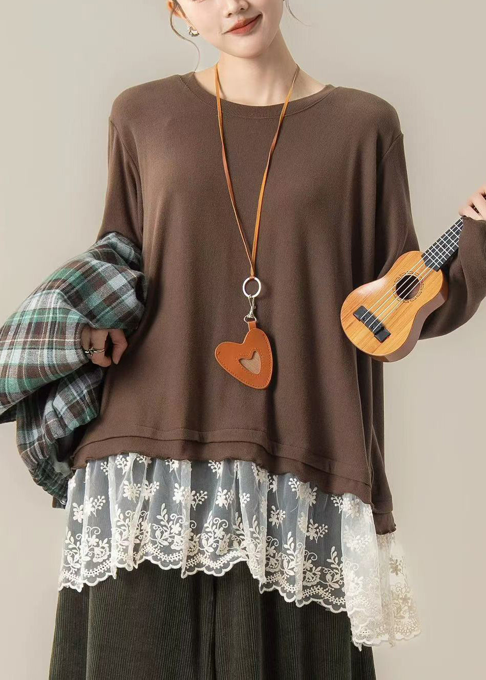 French Brown Oversized Patchwork Lace Pullover Tops Spring