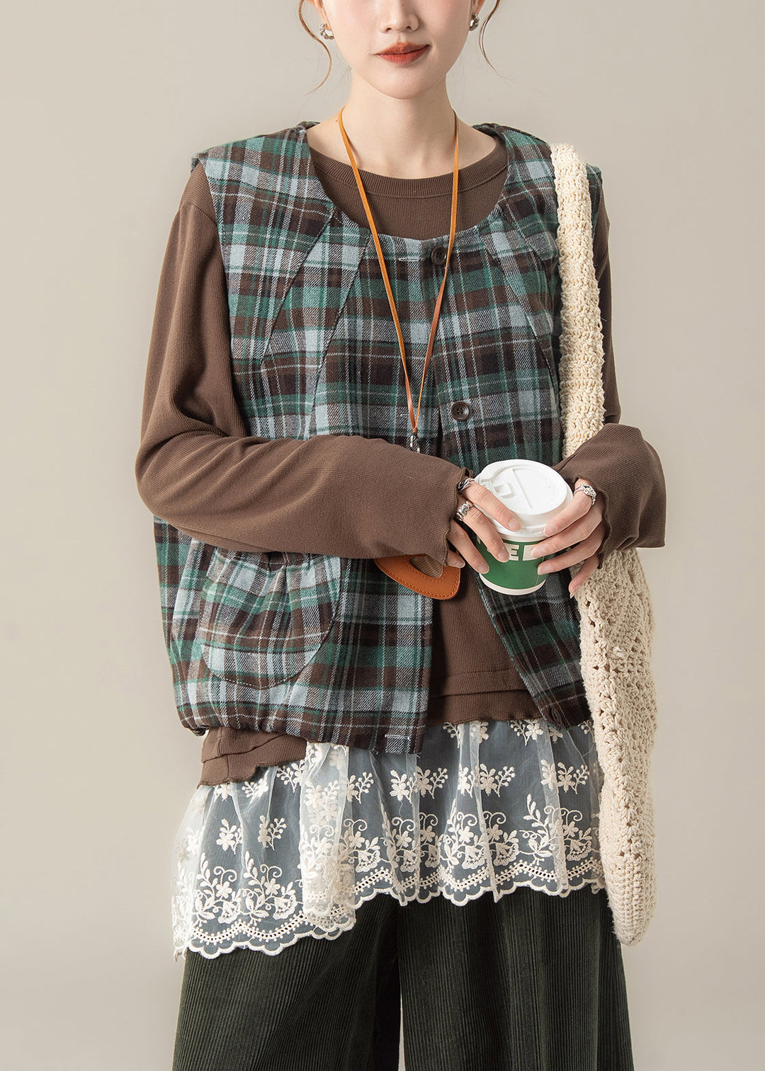 French Brown Oversized Patchwork Lace Pullover Tops Spring