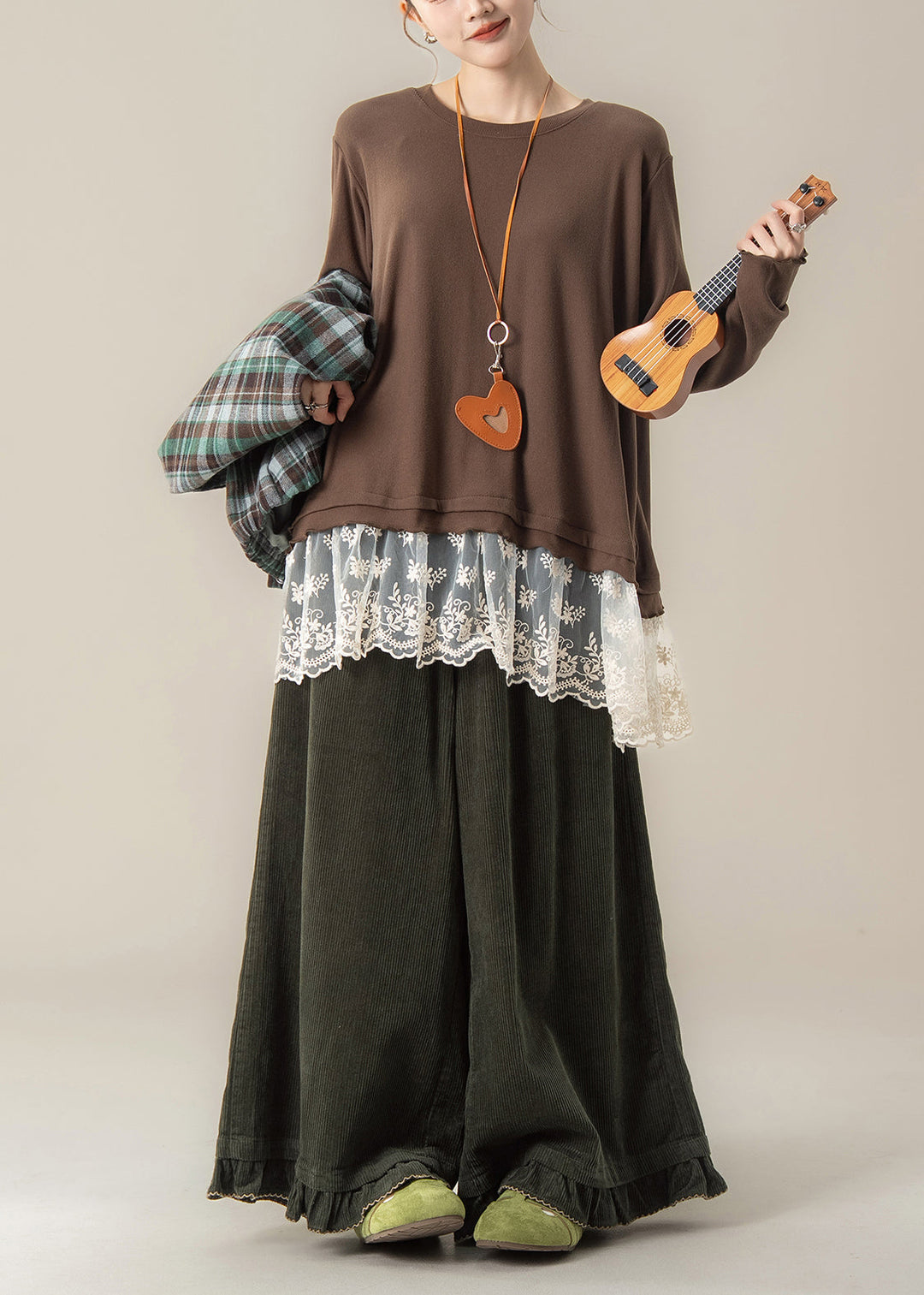 French Brown Oversized Patchwork Lace Pullover Tops Spring