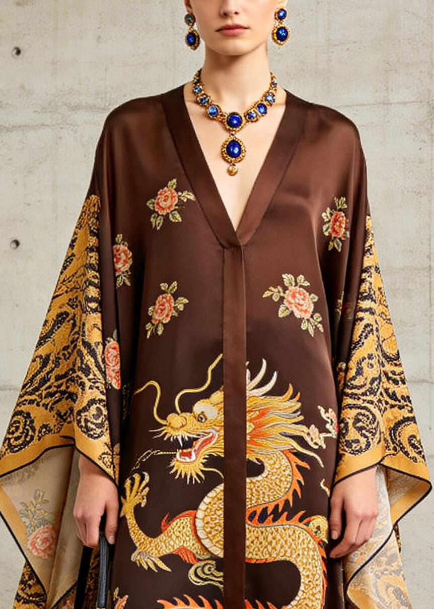 French Brown Oversized Print Ankle Dress Batwing Sleeve