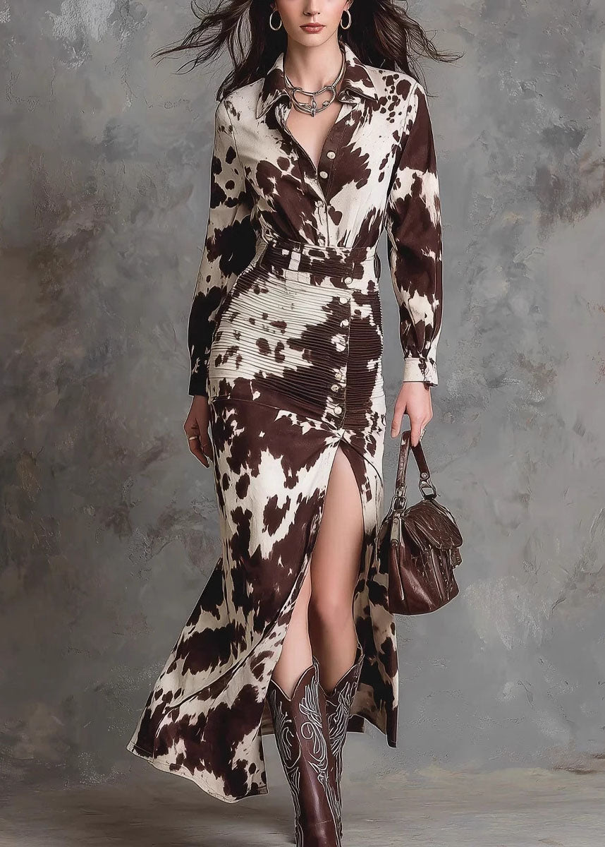 French Brown Peter Pan Collar Print Side Open Cotton Dress Fall