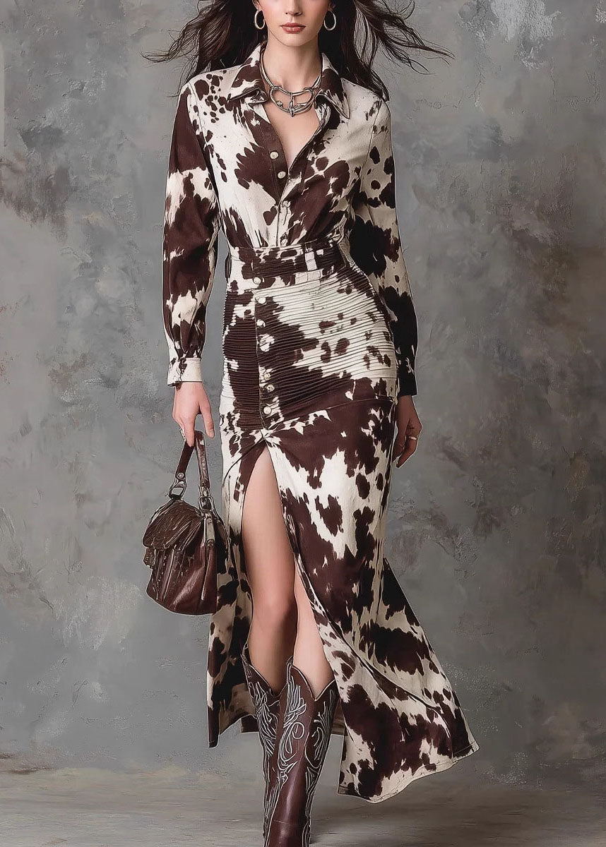 French Brown Peter Pan Collar Print Side Open Cotton Dress Fall