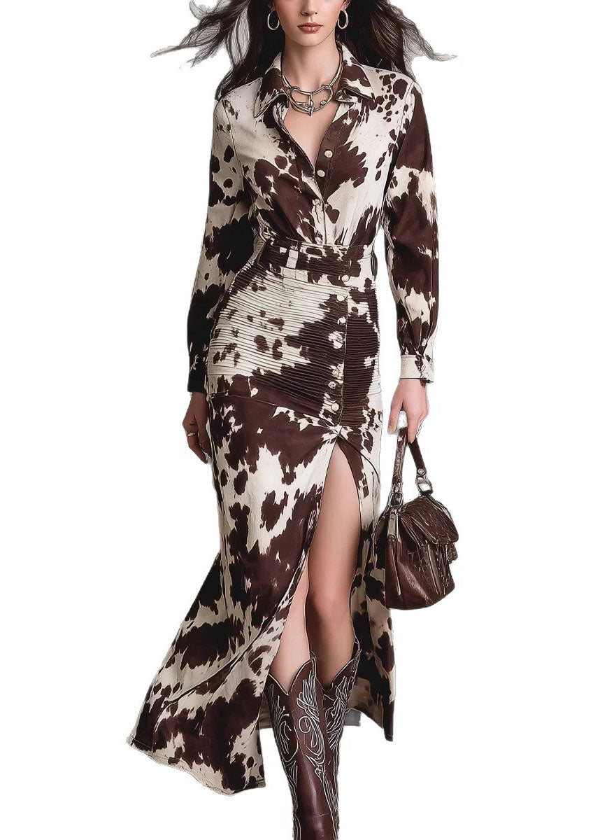 French Brown Peter Pan Collar Print Side Open Cotton Dress Fall