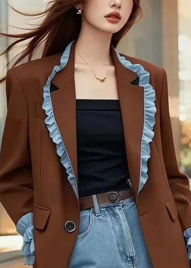 French Brown Peter Pan Collar Ruffled Patchwork Coats Fall
