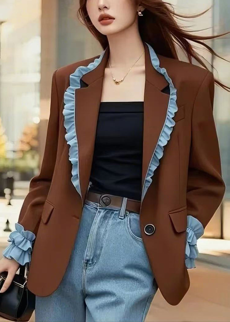 French Brown Peter Pan Collar Ruffled Patchwork Coats Fall