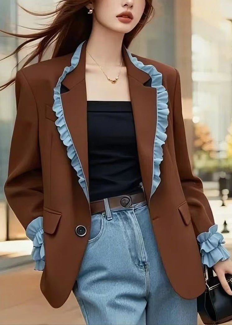 French Brown Peter Pan Collar Ruffled Patchwork Coats Fall