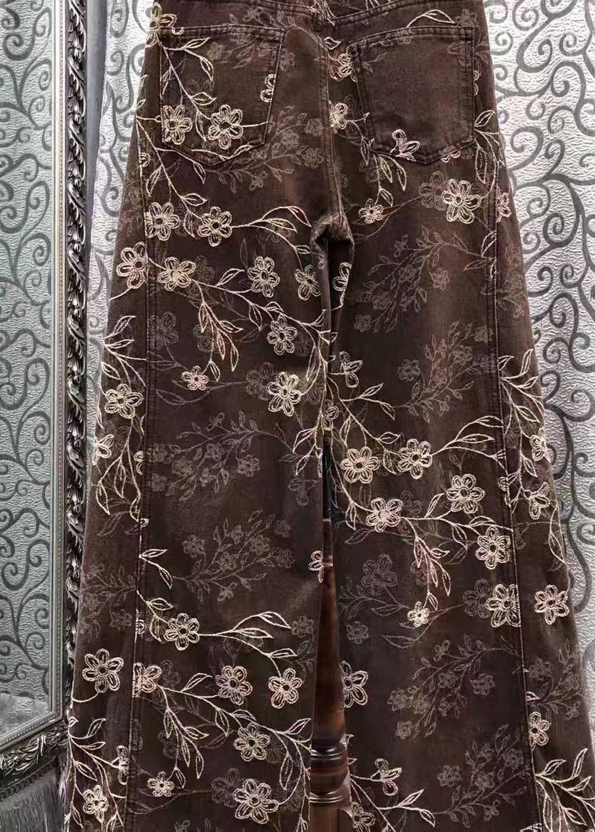 French Brown Print Denim Wide Leg Pants Fall