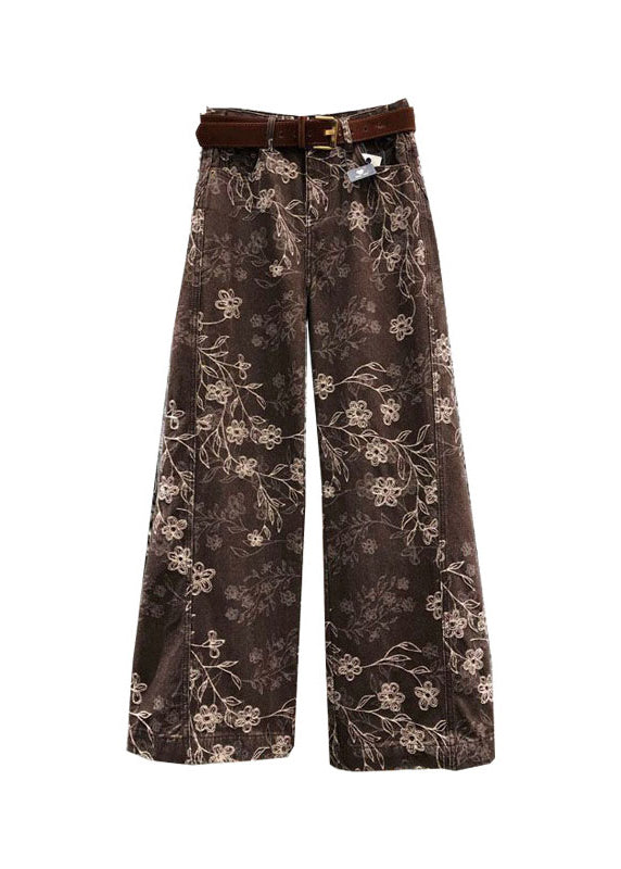 French Brown Print Denim Wide Leg Pants Fall