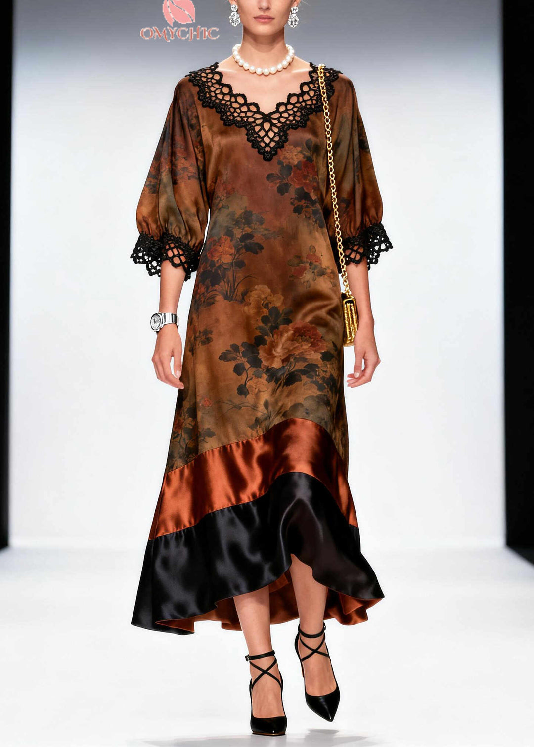 French Brown Print Patchwork Lace Silk Maxi Dresses Summer