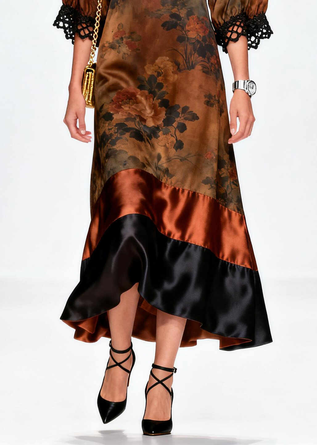 French Brown Print Patchwork Lace Silk Maxi Dresses Summer