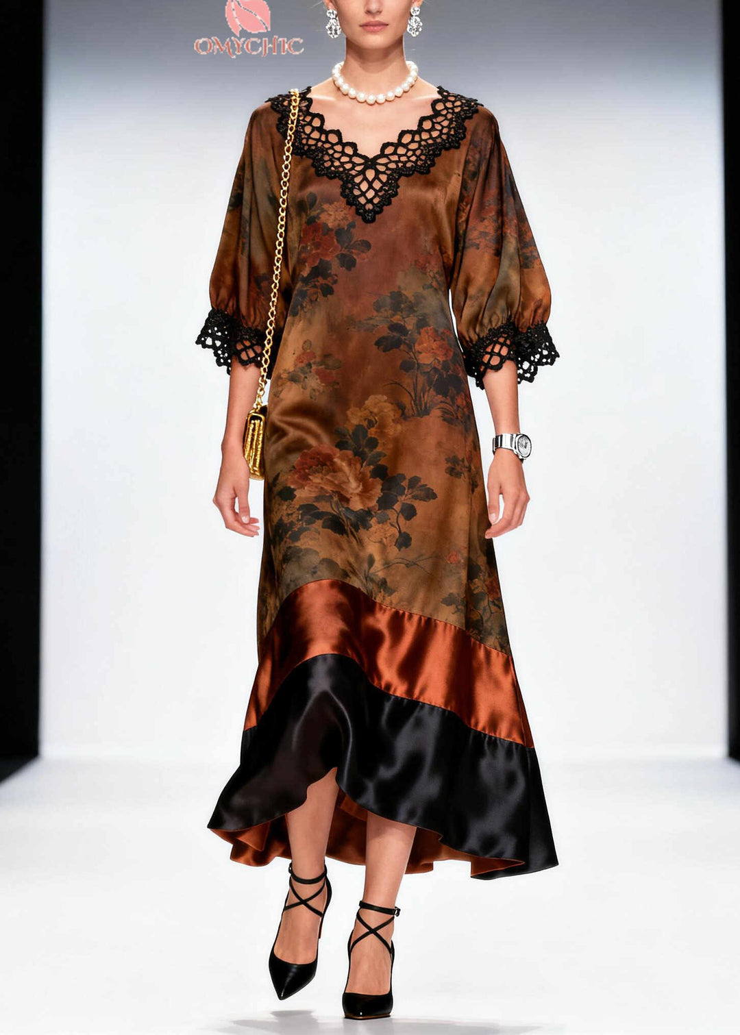 French Brown Print Patchwork Lace Silk Maxi Dresses Summer