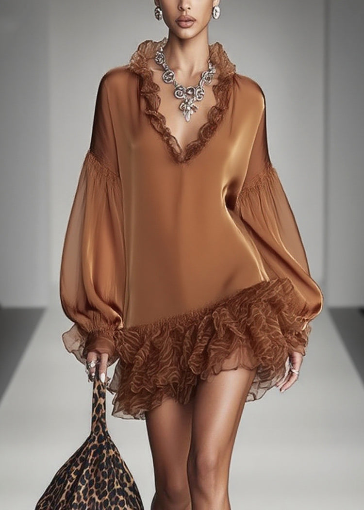 French Brown Ruffles Patchwork Chiffon Mid Dress Spring - Omychic